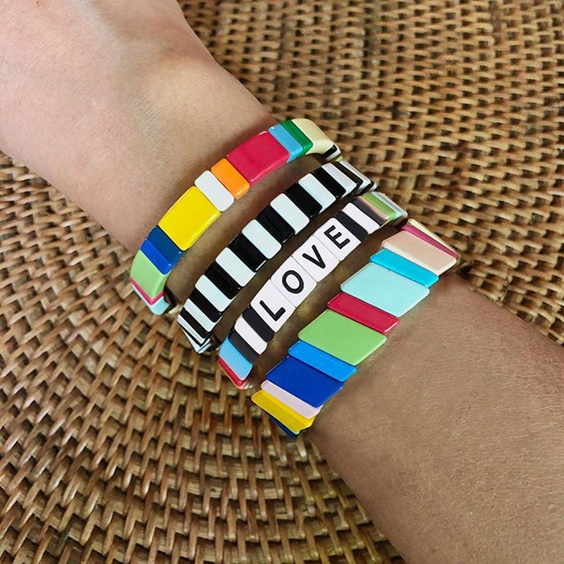 HZEYN Enamel Tile Bracelet Stackable Rainbow Tile Bead Love Stretchy Bracelet Colorblock Enamel Brite Bracelet for Women Set of 4 Strands - Image 2